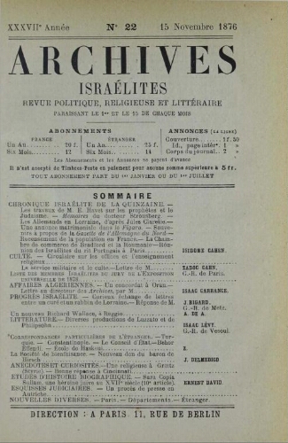 Archives israélites de France. Vol.37 N°22 (15 nov. 1876)